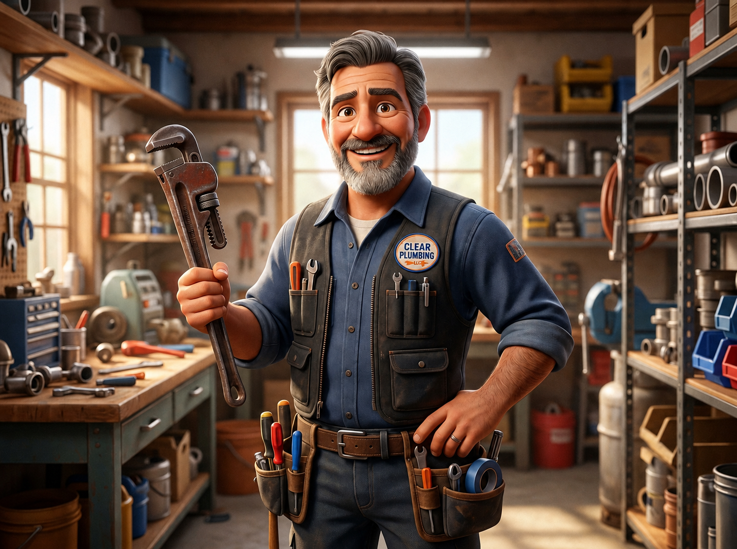 Clear Plumbing LLC professional holding a pipe wrench in a well-equipped workshop